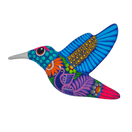 Angled view of a colorful ceramic Alebrije hummingbird folk-art wall accent