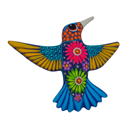 Front view of colorful hand-painted ceramic Alebrije hummingbird wall art