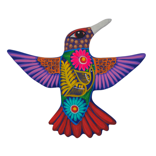 Colorful ceramic Alebrije hummingbird wall art shown from the front