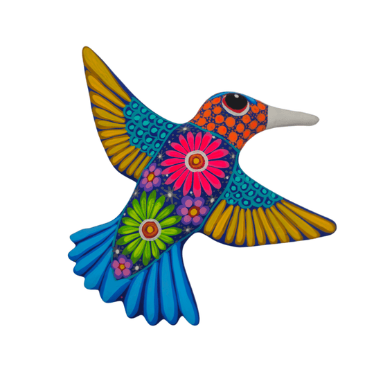 Ceramic Alebrije hummingbird wall art shown at an angled side view