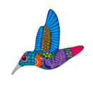 Colorful hand-painted ceramic Alebrije hummingbird wall decor, front view on white