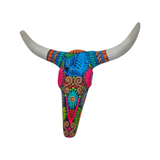 Colorful ceramic Alebrije longhorn wall art shown against a white background