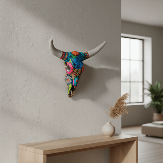 Side view of colorful ceramic Alebrije longhorn wall art above a console