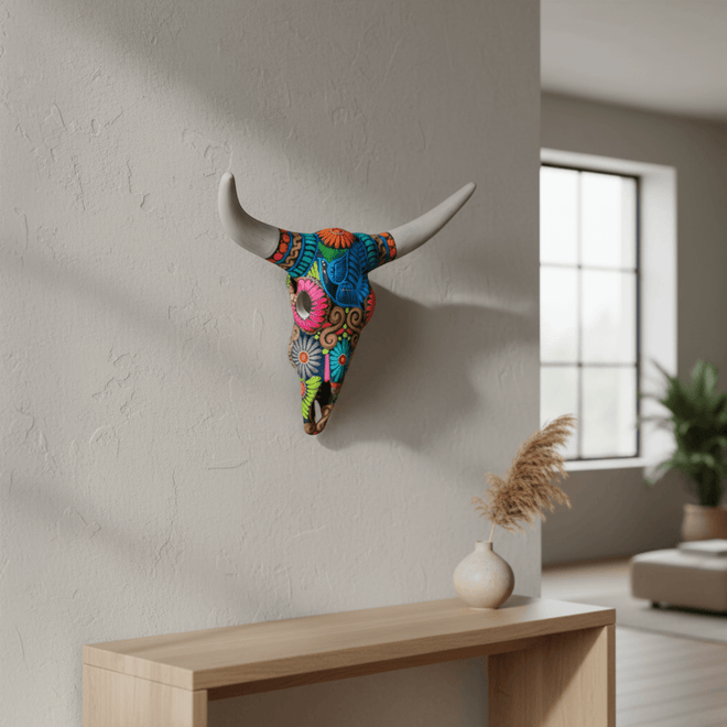Side view of colorful ceramic Alebrije longhorn wall art above a console