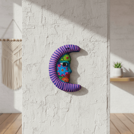 Colorful floral Alebrije moon wall art on a textured wall in a bright room