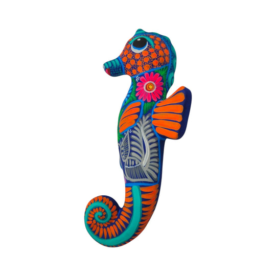 Alebrije Seahorse Figurine | Vibrant Ocean Wall Art, handcrafted ceramic with vibrant Mexican folk-art details.