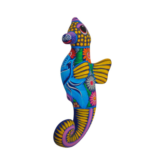 Alebrije Seahorse Figurine | Vibrant Ocean Wall Art, vibrant handcrafted ceramic seahorse with folk-art details.