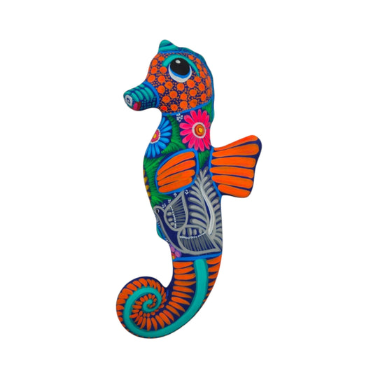 Alebrije Seahorse Figurine | Vibrant Ocean Wall Art featuring vibrant colors and intricate details, perfect for home decor.