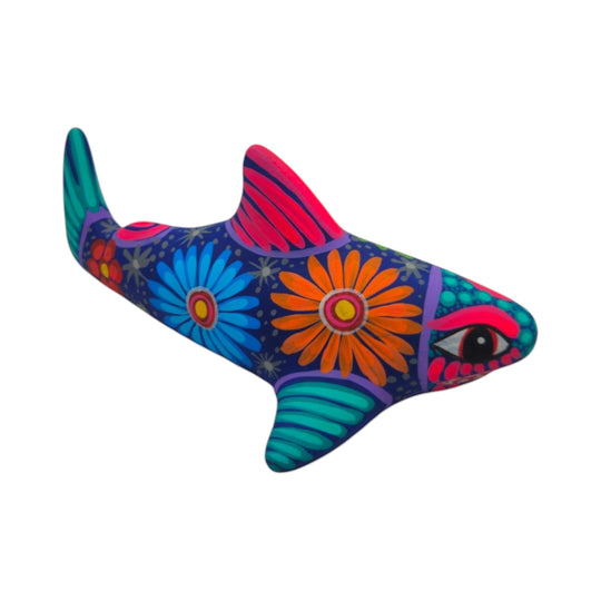 Alebrije Shark Figurine | Vibrant Ocean Decor with colorful flower designs and intricate hand-painted details.