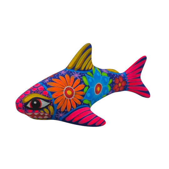 Alebrije Shark Figurine | Vibrant Ocean Decor showcasing colorful floral designs and handcrafted details.