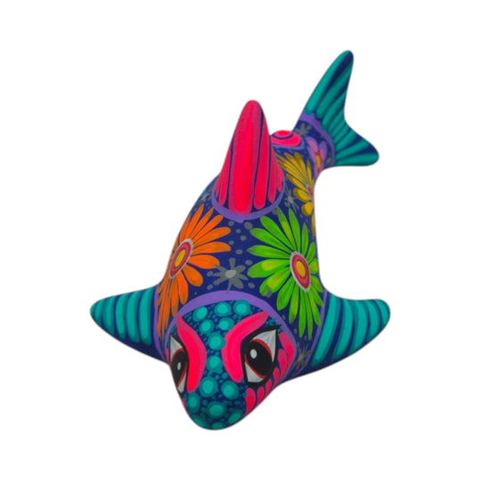 Alebrije Shark Figurine | Vibrant Ocean Decor featuring vibrant colors and floral patterns, handcrafted ceramic decor.