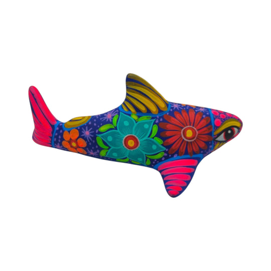 Alebrije Shark Figurine | Vibrant Ocean Decor featuring colorful hand-painted flowers on a ceramic shark shape.