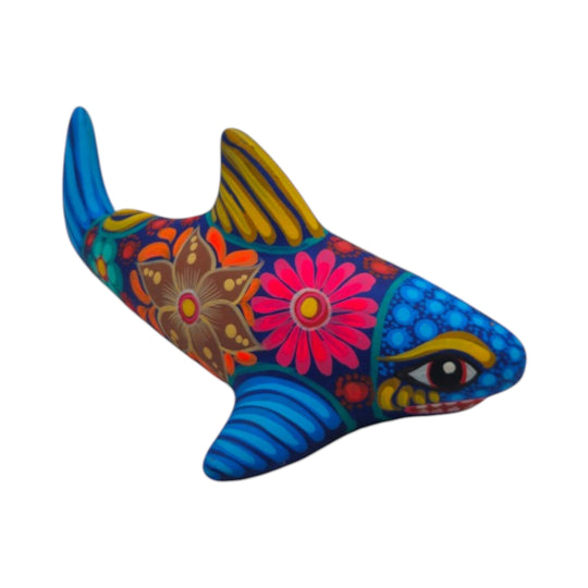 Alebrije Shark Figurine | Vibrant Ocean Decor, handcrafted ceramic piece with bright colors and traditional Mexican art details.