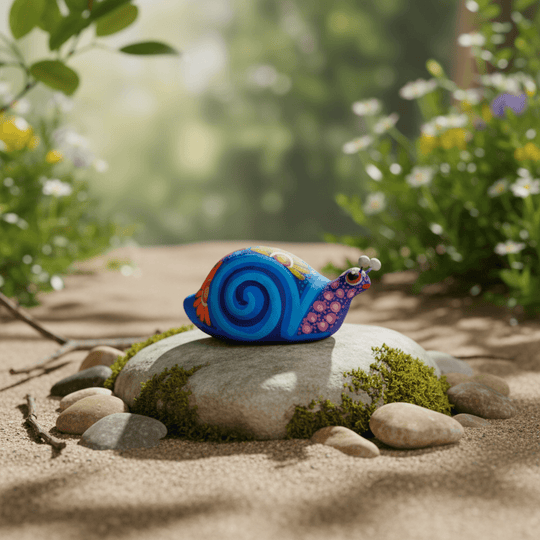 Colorful Alebrije snail figurine shown from the front in a garden setting