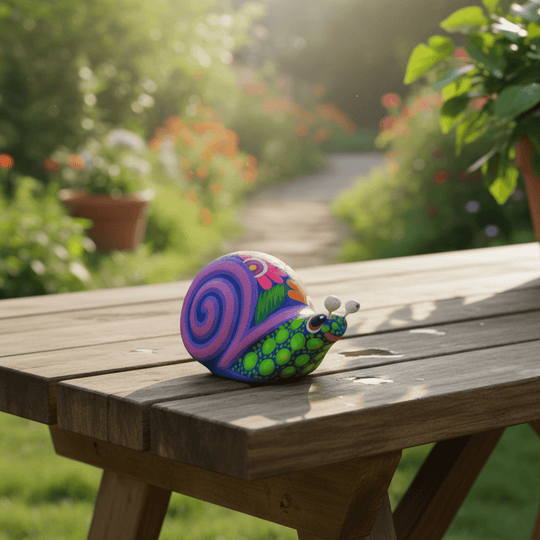 Colorful Alebrije snail figurine shown from the side on a wooden table