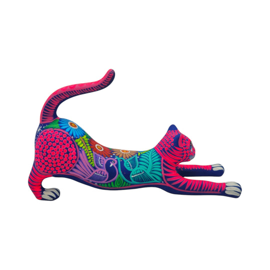 Alebrije Stretching Cat Figurine | Colorful Mexican Art - Handcrafted ceramic figurine with vibrant folk-art details.