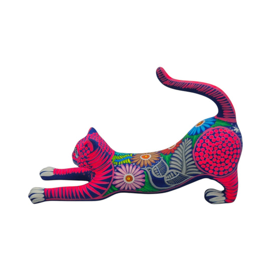 Alebrije Stretching Cat Figurine | Colorful Mexican Art, hand-painted ceramic in vibrant colors and folk-art design.