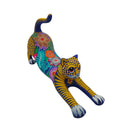 Alebrije Stretching Cat Figurine | Colorful Mexican Art with vibrant colors and floral designs handcrafted in Mexico.