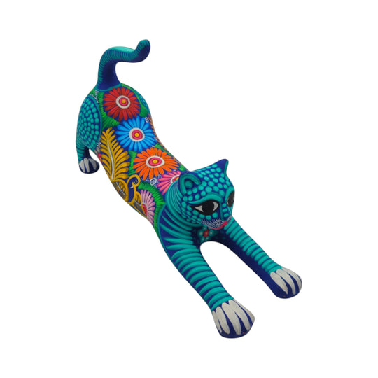 Alebrije Stretching Cat Figurine | Colorful Mexican Art, handcrafted ceramic cat with vibrant colors and folk-art details.