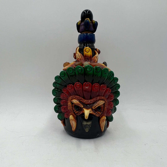 Mexican Shot Glass Set | Artisan Aztec Warrior Decanter Kit hand-painted Aztec warrior decanter with colorful feathered mask, handcrafted in Guanajuato