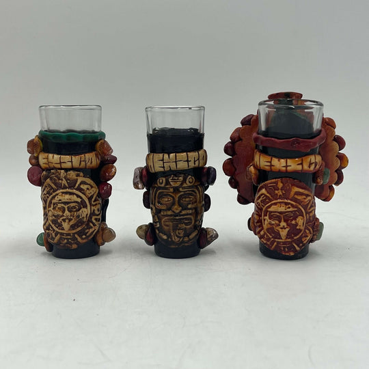 Mexican Shot Glass Set | Artisan Aztec Warrior Decanter Kit handcrafted Aztec warrior shot glasses with carved beads and decanter elements