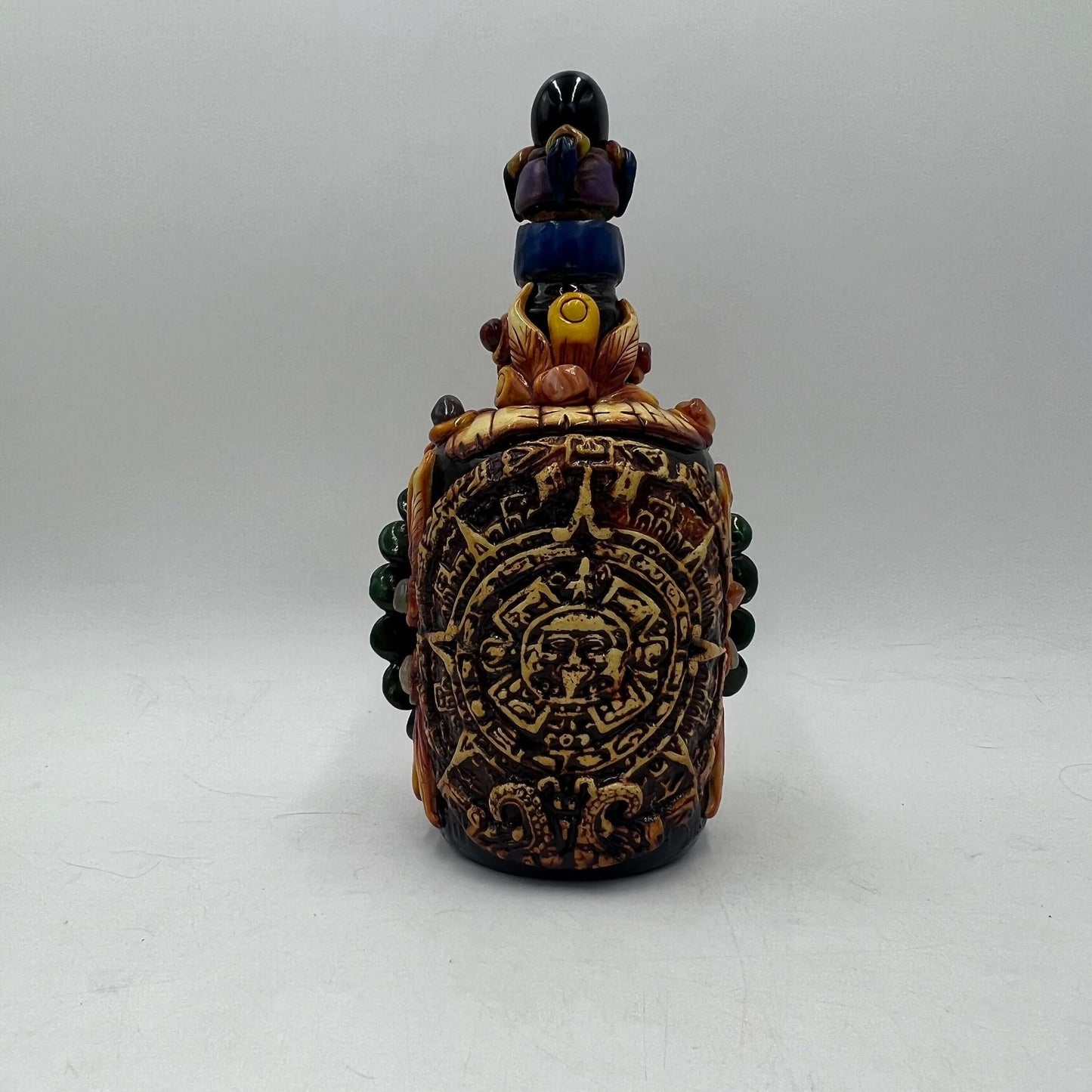 Mexican Shot Glass Set | Artisan Aztec Warrior Decanter Kit handcrafted Aztec warrior decanter with carved calendar motif and colorful beaded stopper