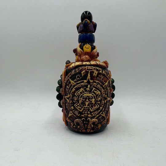 Mexican Shot Glass Set | Artisan Aztec Warrior Decanter Kit handcrafted Aztec warrior decanter with carved calendar motif and colorful beaded stopper