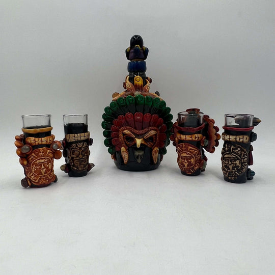 Mexican Shot Glass Set | Artisan Aztec Warrior Decanter Kit – handcrafted Aztec warrior decanter with five detailed shot glasses