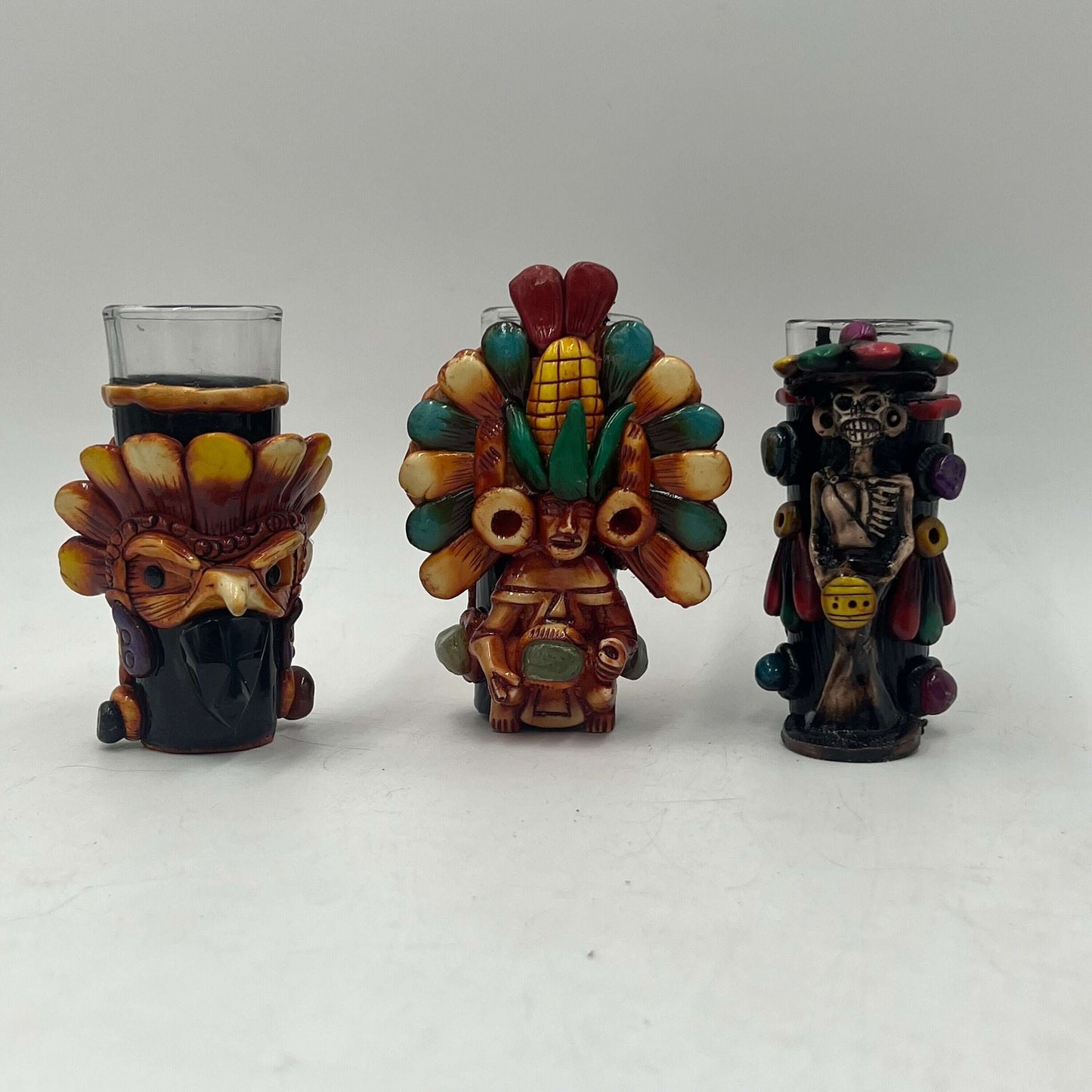 Mexican Shot Glass Set | Artisan Aztec Warrior Decanter Kit handcrafted colorful Aztec warrior and skull shot glasses, Talavera Hub artisan set