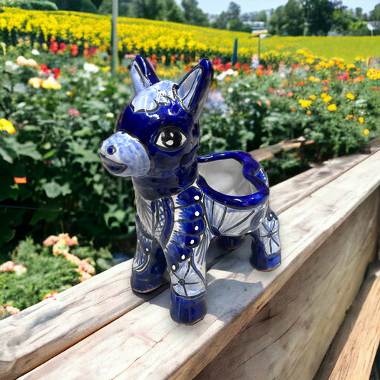 Artisan Blue and White Mexican Burro Planter | Handcrafted Ceramic Donkey Plant Pot (13" Tall)