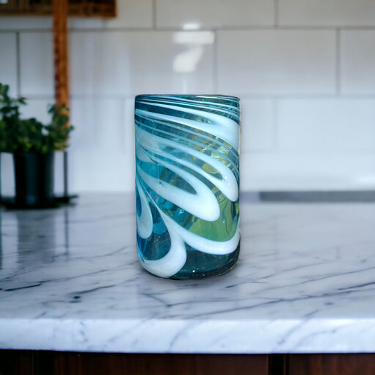 Artisan Handcrafted Mexican Drinking Glass | Teal Glass with Elegant White Swirls (12 oz)