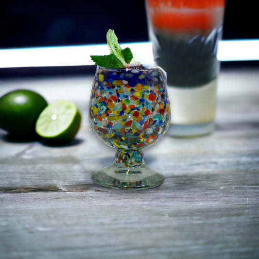 Artisan Handmade Cognac Shot Glass with Blue Rim - Unique Confetti Rock Design