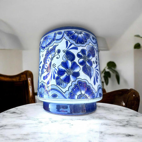 Artisan Talavera Planter | Blue & White Mexican Flower Pot hand-painted blue floral ceramic planter on marble table