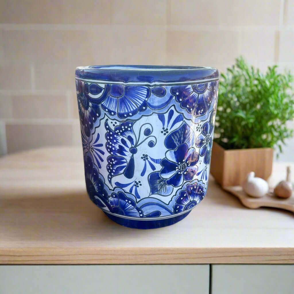 Artisan Talavera Planter | Blue & White Mexican Flower Pot handcrafted blue and white Talavera ceramic planter, lead-free glaze, Mexican design