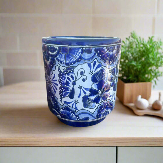 Artisan Talavera Planter | Blue & White Mexican Flower Pot handcrafted blue and white Talavera ceramic planter, lead-free glaze, Mexican design