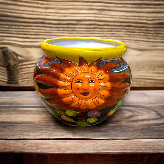 Artisan Talavera Sun Planter | Handmade Mexican Flower Pot hand-painted sun design glazed ceramic flower pot from Guanajuato, Mexico