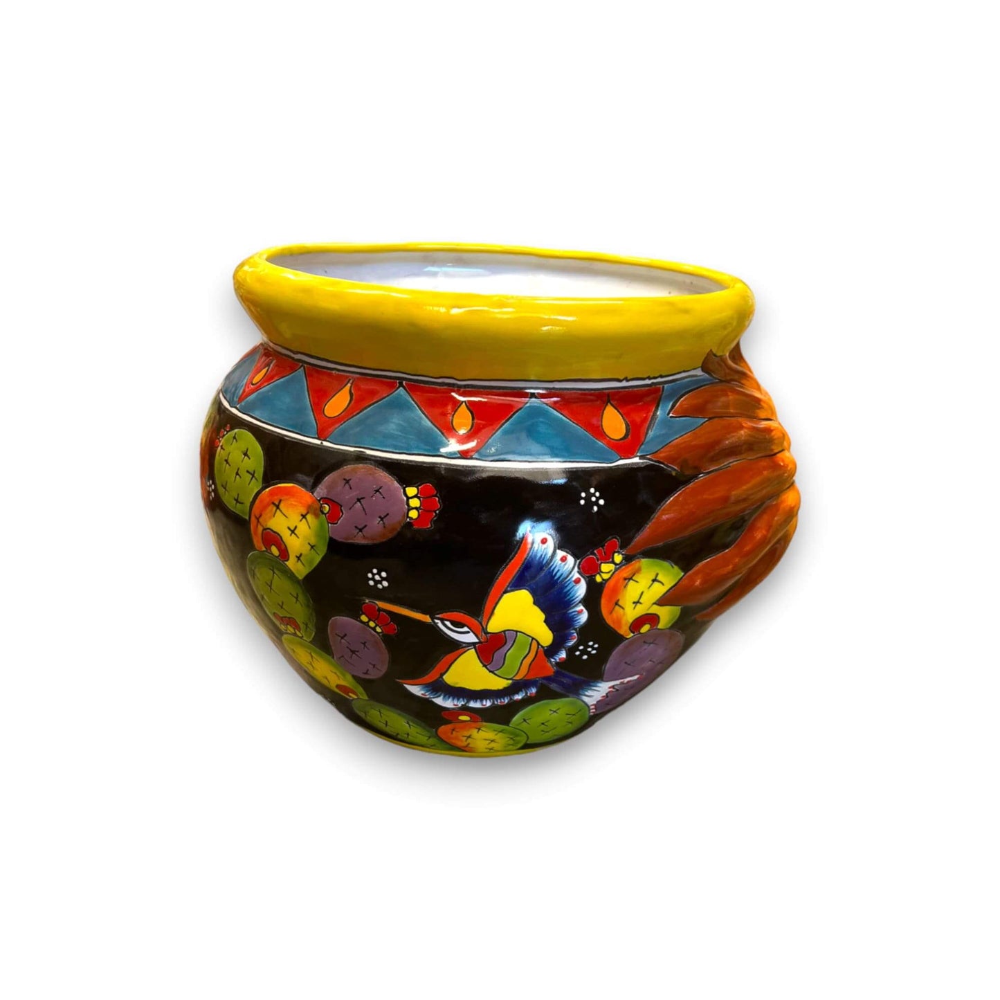 Artisan Talavera Sun Planter | Handmade Mexican Flower Pot hand-painted sunflower ceramic pot with bright yellow rim and colorful bird design