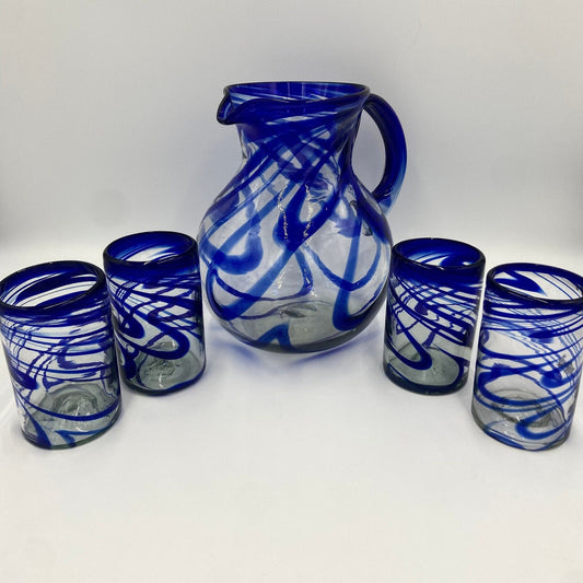 Authentic Hand Blown Mexican Glass Pitcher | Stunning Blue Swirl Design