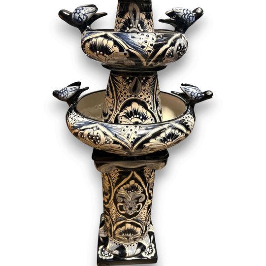 Talavera Blue & White Fountain | Authentic Mexican Ceramic Water Feature hand-painted tiered ceramic fountain with bird spouts