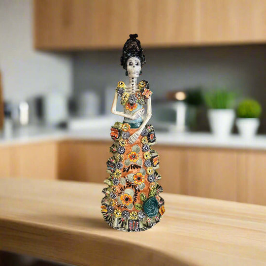 Talavera Day of the Dead Catrina Figurine | Updo in Vibrant Dress - hand-painted Talavera Catrina with floral gown, handcrafted in Guanajuato, Mexico