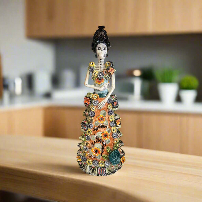 Talavera Day of the Dead Catrina Figurine | Updo in Vibrant Dress - hand-painted Talavera Catrina with floral gown, handcrafted in Guanajuato, Mexico