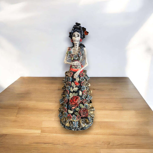 Talavera Day of the Dead Catrina Figurine | Updo in Vibrant Dress - hand-painted Talavera Catrina with floral gown and elegant updo, handcrafted in Guanajuato, Mexico