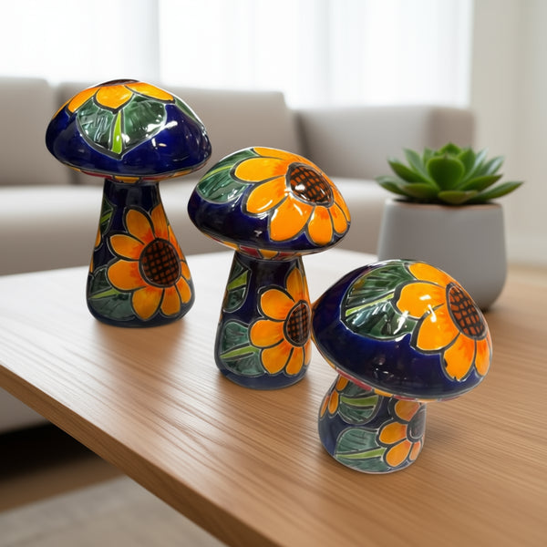 Set of 3 Talavera Mushrooms | Colorful Sunflower Art