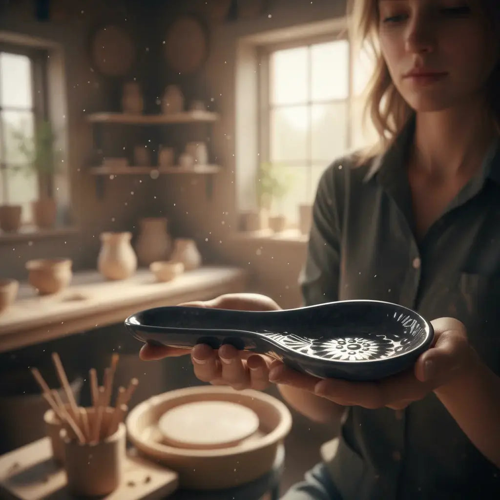 Black on Black Talavera Spoon Rest | Mexican Handcrafted held by artisan in pottery studio, glossy black floral spoon rest