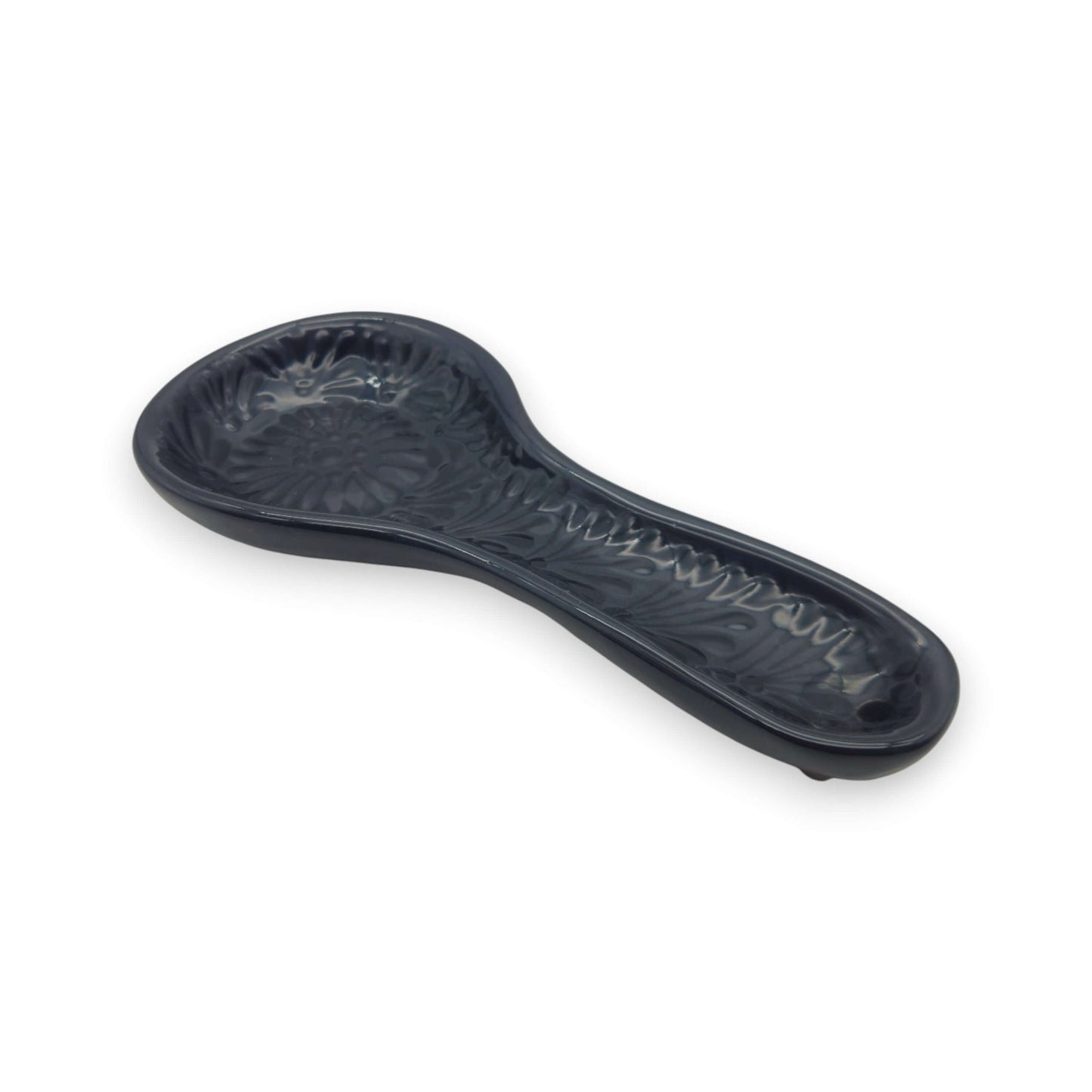 Black on Black Talavera Spoon Rest | Mexican Handcrafted glossy handcrafted ceramic spoon rest with intricate floral and swirl motifs