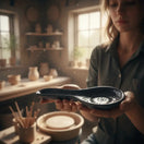 Black on Black Talavera Spoon Rest | Mexican Handcrafted held by artisan in pottery studio, glossy black floral spoon rest