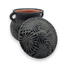 Black Talavera Bean Pot with Lid | Mexican Clay Frijolero hand-painted black-on-black Talavera bean pot with carved floral lid and matte finish