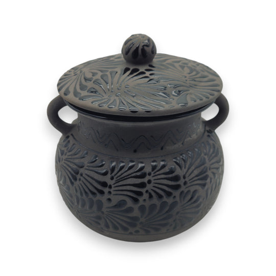 Black Talavera Bean Pot with Lid | Mexican Clay Frijolero hand-painted black-on-black carved floral motifs, matte lead-free glaze, two handles
