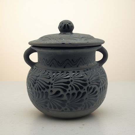 Black Talavera Bean Pot with Lid | Mexican Clay Frijolero hand-painted black-on-black Talavera bean pot with carved floral motifs and lid