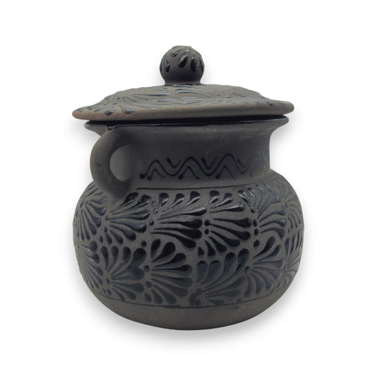 Black Talavera Bean Pot with Lid | Mexican Clay Frijolero hand-painted black-on-black carved floral motifs matte finish, lead-free glazed Talavera bean pot